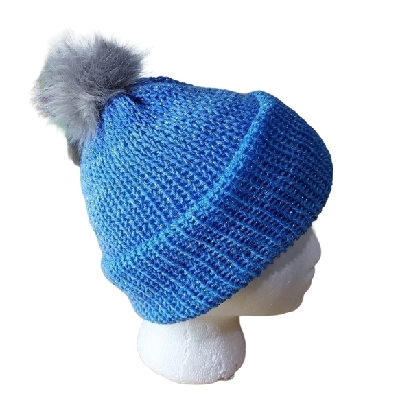 Hand Knit Blue Adult Size Beanie With Faux Fur Grey Pom Pom - Picture 3 of 6